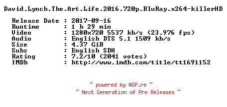 NFO for the release David.Lynch.The.Art.Life.2016.720p.BluRay.x264-killerHD by killerHD