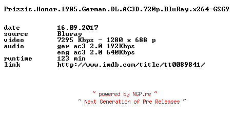 NFO for the release Prizzis.Honor.1985.German.DL.AC3D.720p.BluRay.x264-GSG9 by GSG9