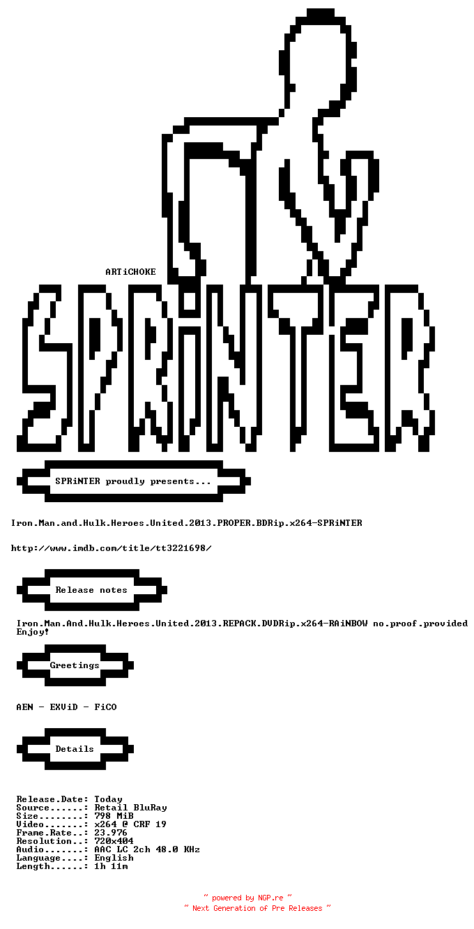 NFO for the release Iron.Man.and.Hulk.Heroes.United.2013.PROPER.BDRip.x264-SPRiNTER by SPRiNTER