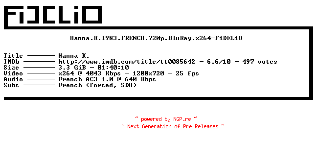 NFO for the release Hanna.K.1983.FRENCH.720p.BluRay.x264-FiDELiO by FiDELiO