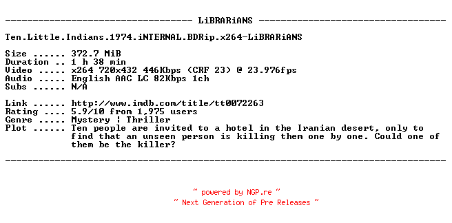 NFO for the release Ten.Little.Indians.1974.iNTERNAL.BDRip.x264-LiBRARiANS by LiBRARiANS