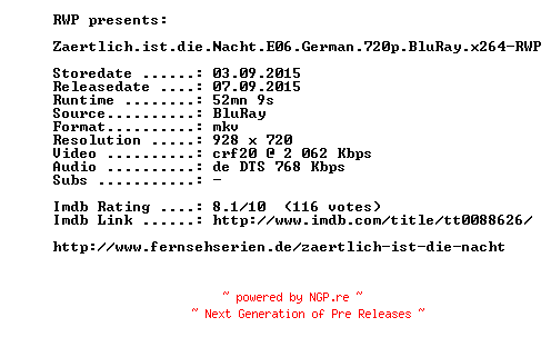 NFO for the release Zaertlich.ist.die.Nacht.E06.German.720p.BluRay.x264-RWP by RWP