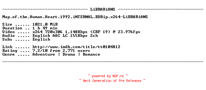 NFO for the release Map.of.the.Human.Heart.1992.iNTERNAL.BDRip.x264-LiBRARiANS by LiBRARiANS