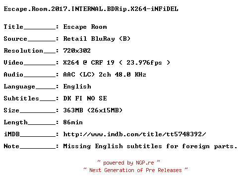 NFO for the release Escape.Room.2017.INTERNAL.BDRip.X264-iNFiDEL by iNFiDEL