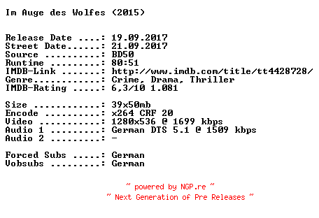 NFO for the release Im.Auge.des.Wolfes.2015.German.720p.BluRay.x264-SPiCY by SPiCY