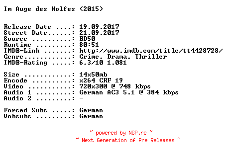 NFO for the release Im.Auge.des.Wolfes.German.2015.AC3.BDRip.x264-SPiCY by SPiCY