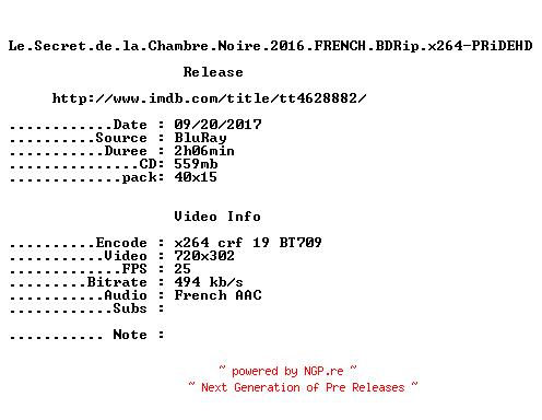 NFO for the release Le.Secret.de.la.Chambre.Noire.2016.FRENCH.BDRip.x264-PRiDEHD by PRiDEHD