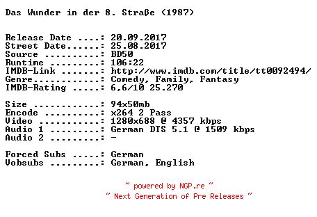 NFO for the release Das.Wunder.in.der.8.Strasse.1987.German.720p.BluRay.x264-SPiCY by SPiCY