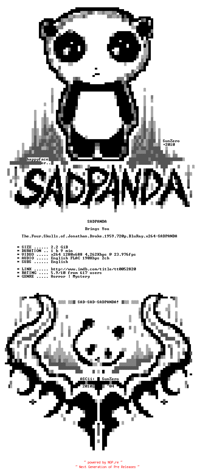 NFO for the release The.Four.Skulls.of.Jonathan.Drake.1959.720p.BluRay.x264-SADPANDA by SADPANDA