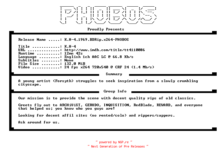 NFO for the release K.H-4.1969.BDRip.x264-PHOBOS by PHOBOS