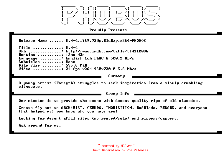 NFO for the release K.H-4.1969.720p.BluRay.x264-PHOBOS by PHOBOS