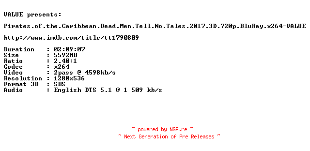 NFO for the release Pirates.of.the.Caribbean.Dead.Men.Tell.No.Tales.2017.3D.720p.BluRay.x264-VALUE by VALUE