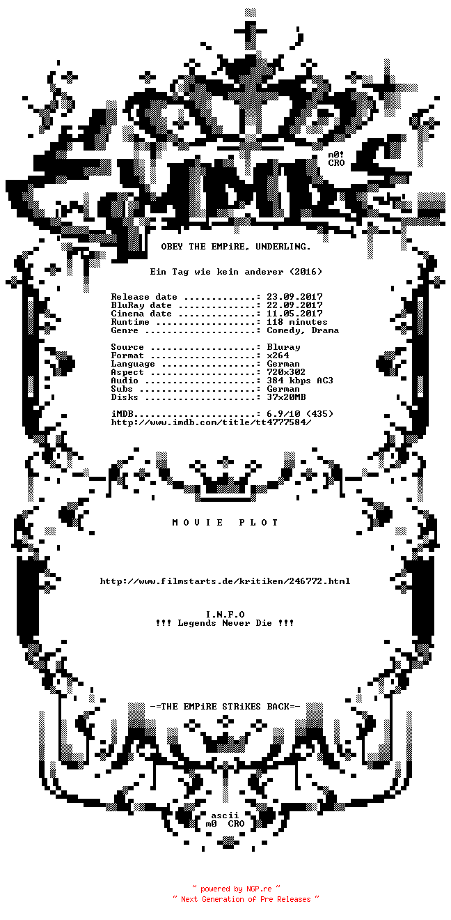 NFO for the release Ein.Tag.wie.kein.anderer.German.BDRip.x264-EMPiRE by EMPiRE