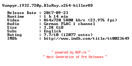 NFO for the release Vampyr.1932.720p.BluRay.x264-killerHD by killerHD