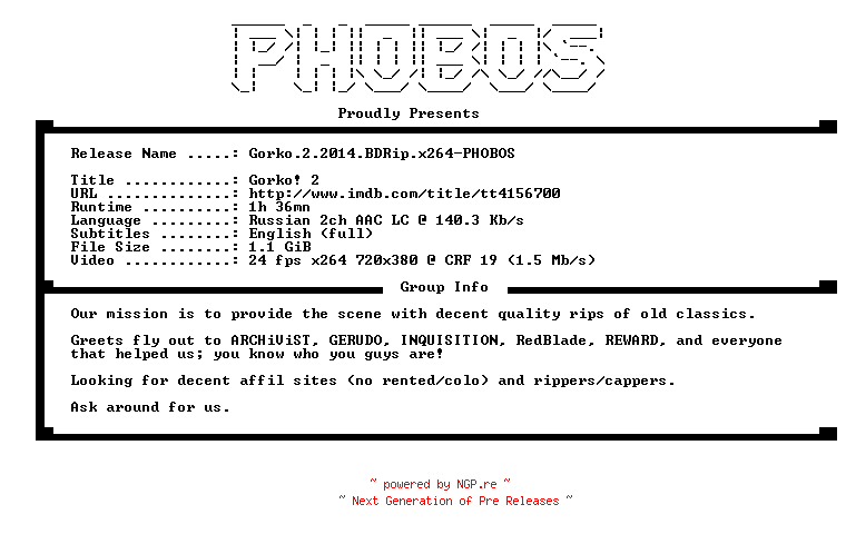 NFO for the release Gorko.2.2014.BDRip.x264-PHOBOS by PHOBOS