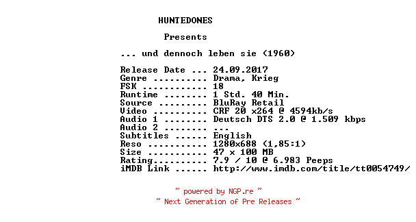 NFO for the release Und.dennoch.leben.sie.1960.German.720p.BluRay.x264-HUNTEDONES by HUNTEDONES