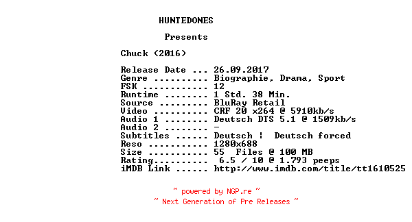 NFO for the release Chuck.Der.wahre.Rocky.2016.German.720p.BluRay.x264-HUNTEDONES by HUNTEDONES