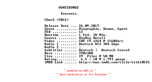 NFO for the release Chuck.Der.wahre.Rocky.German.2016.AC3.BDRip.x264-HUNTEDONES by HUNTEDONES