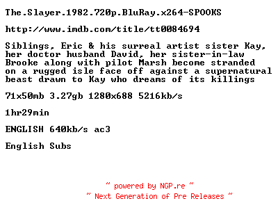 NFO for the release The.Slayer.1982.720p.BluRay.x264-SPOOKS by SPOOKS