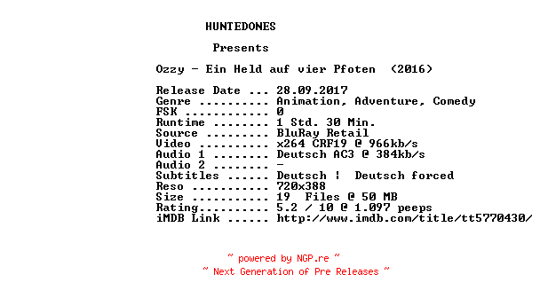 NFO for the release Ozzy.Ein.Held.auf.vier.Pfoten.German.2016.AC3.BDRip.x264-HUNTEDONES by HUNTEDONES