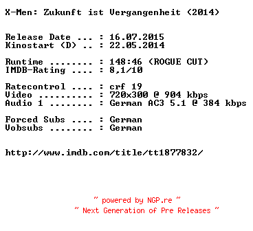 NFO for the release X-Men.Zukunft.ist.Vergangenheit.ROGUE.CUT.German.2014.AC3.BDRiP.x264-EXQUiSiTE by EXQUiSiTE