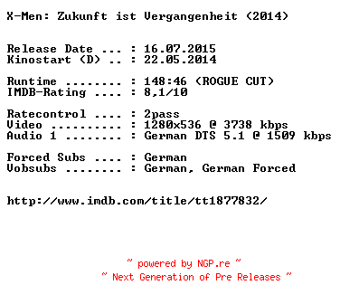 NFO for the release X-Men.Zukunft.ist.Vergangenheit.ROGUE.CUT.2014.German.720p.BluRay.x264-EXQUiSiTE by EXQUiSiTE