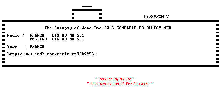 NFO for the release The.Autopsy.of.Jane.Doe.2016.COMPLETE.FR.BLURAY-4FR by 4FR
