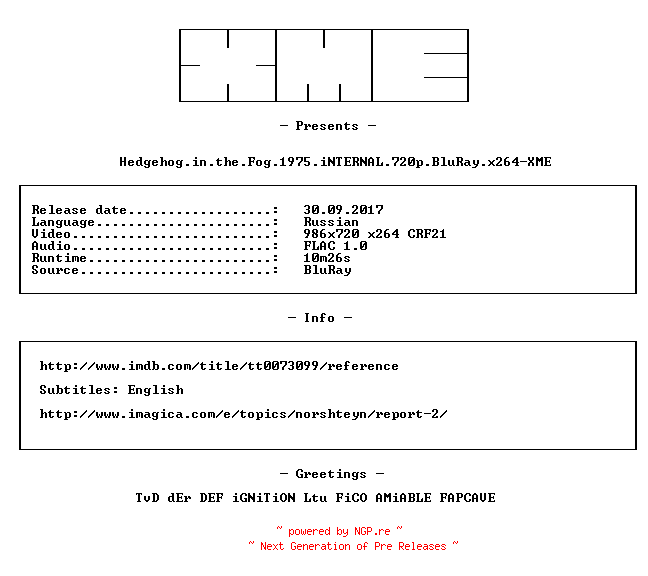 NFO for the release Hedgehog.in.the.Fog.1975.iNTERNAL.720p.BluRay.x264-XME by XME