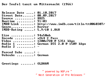 NFO for the release Der.Teufel.tanzt.um.Mitternacht.1966.German.720p.BluRay.x264-SPiCY by SPiCY
