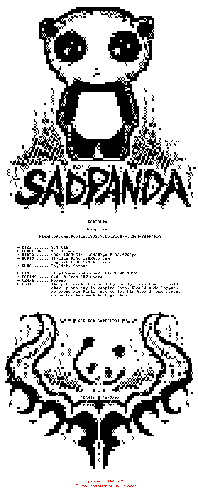NFO for the release Night.of.the.Devils.1972.720p.BluRay.x264-SADPANDA by SADPANDA