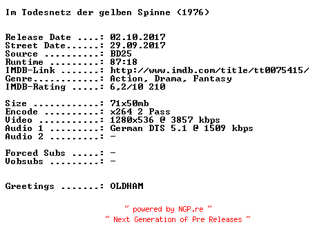 NFO for the release Im.Todesnetz.der.gelben.Spinne.1976.German.720p.BluRay.x264-SPiCY by SPiCY