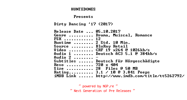 NFO for the release Dirty.Dancing.17.German.2017.AC3.BDRip.x264-HUNTEDONES by HUNTEDONES