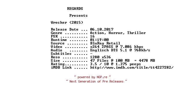 NFO for the release Wrecker.2015.720p.BluRay.x264-REGARDS by REGARDS