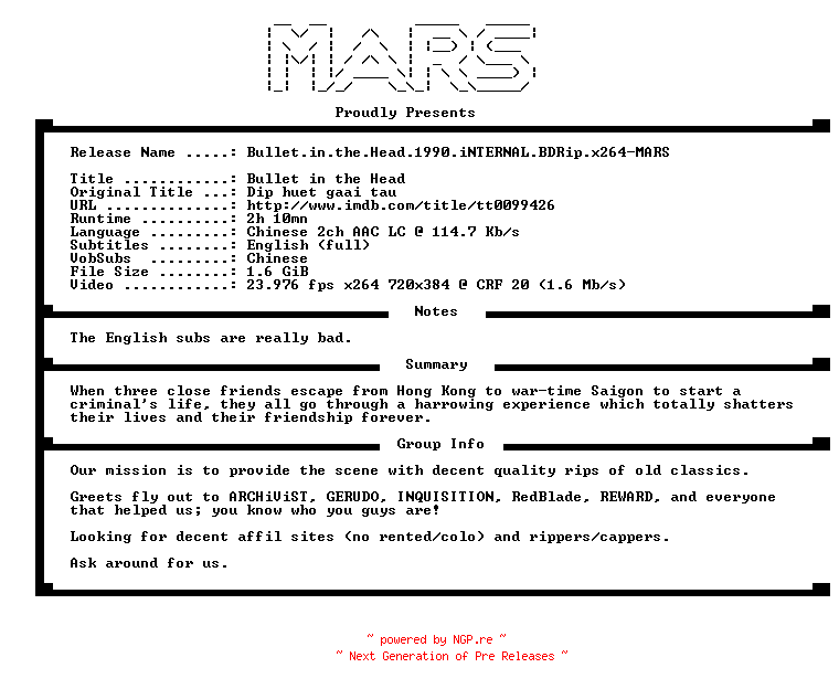 NFO for the release Bullet.in.the.Head.1990.iNTERNAL.BDRip.x264-MARS by MARS