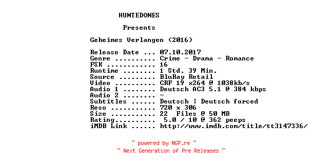 NFO for the release Geheimes.Verlangen.German.2016.AC3.BDRip.x264-HUNTEDONES by HUNTEDONES
