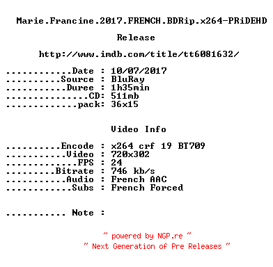 NFO for the release Marie.Francine.2017.FRENCH.BDRip.x264-PRiDEHD by PRiDEHD