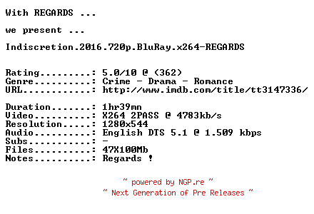 NFO for the release Indiscretion.2016.720p.BluRay.x264-REGARDS by REGARDS