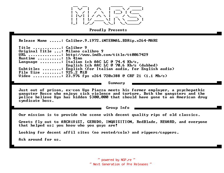 NFO for the release Caliber.9.1972.iNTERNAL.BDRip.x264-MARS by MARS