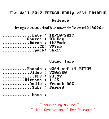 NFO for the release The.Wall.2017.FRENCH.BDRip.x264-PRiDEHD by PRiDEHD