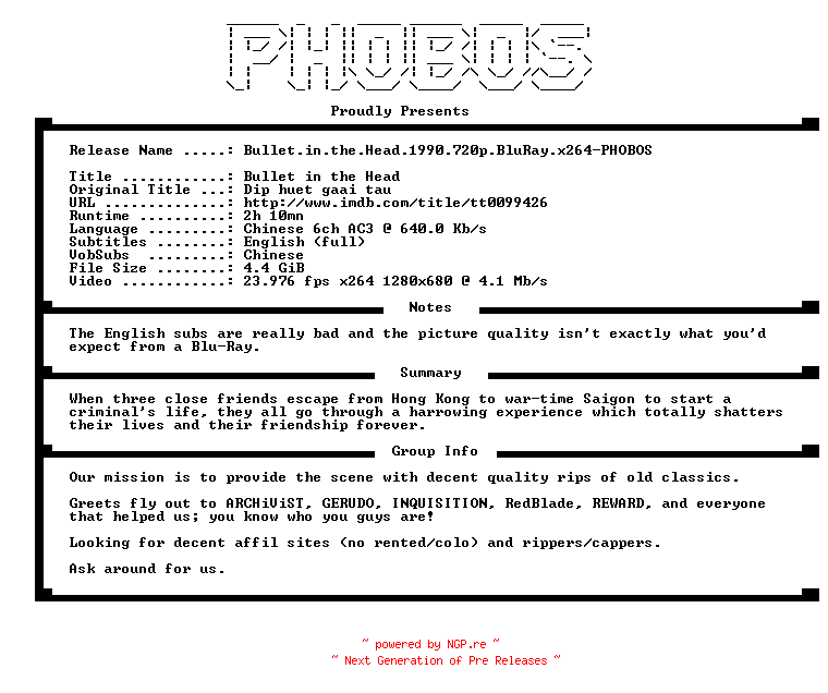 NFO for the release Bullet.in.the.Head.1990.720p.BluRay.x264-PHOBOS by PHOBOS