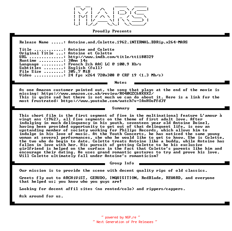 NFO for the release Antoine.and.Colette.1962.iNTERNAL.BDRip.x264-MARS by MARS