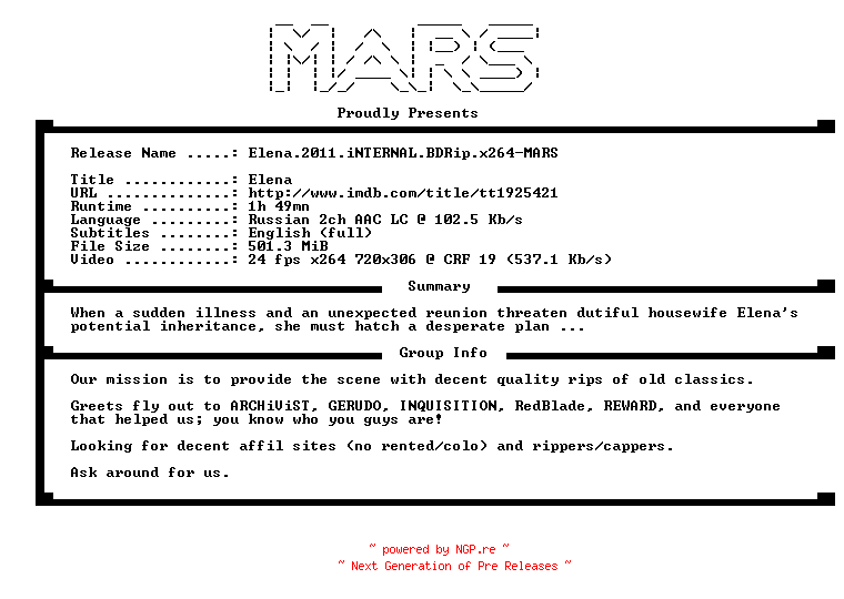 NFO for the release Elena.2011.iNTERNAL.BDRip.x264-MARS by MARS