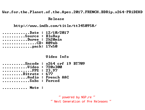 NFO for the release War.for.the.Planet.of.the.Apes.2017.FRENCH.BDRip.x264-PRiDEHD by PRiDEHD