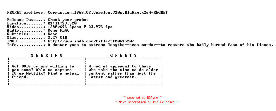 NFO for the release Corruption.1968.US.Version.720p.BluRay.x264-REGRET by REGRET