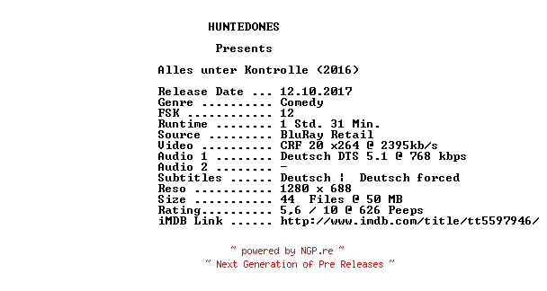 NFO for the release Alles.Unter.Kontrolle.2016.German.720p.BluRay.x264-HUNTEDONES by HUNTEDONES
