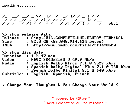 NFO for the release Sing.2016.COMPLETE.UHD.BLURAY-TERMiNAL by TERMiNAL