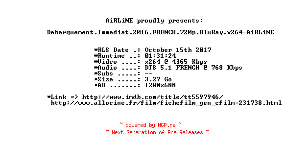 NFO for the release Debarquement.Immediat.2016.FRENCH.720p.BluRay.x264-AiRLiNE by AiRLiNE