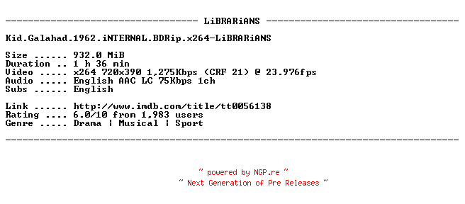 NFO for the release Kid.Galahad.1962.iNTERNAL.BDRip.x264-LiBRARiANS by LiBRARiANS