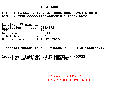 NFO for the release Kickboxer.1989.iNTERNAL.BDRip.x264-LiBRARiANS by LiBRARiANS