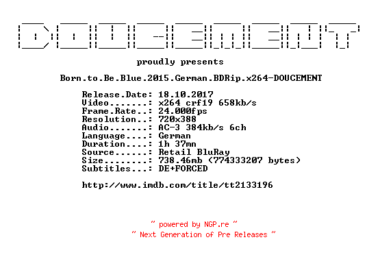 NFO for the release Born.to.Be.Blue.2015.German.BDRip.x264-DOUCEMENT by DOUCEMENT